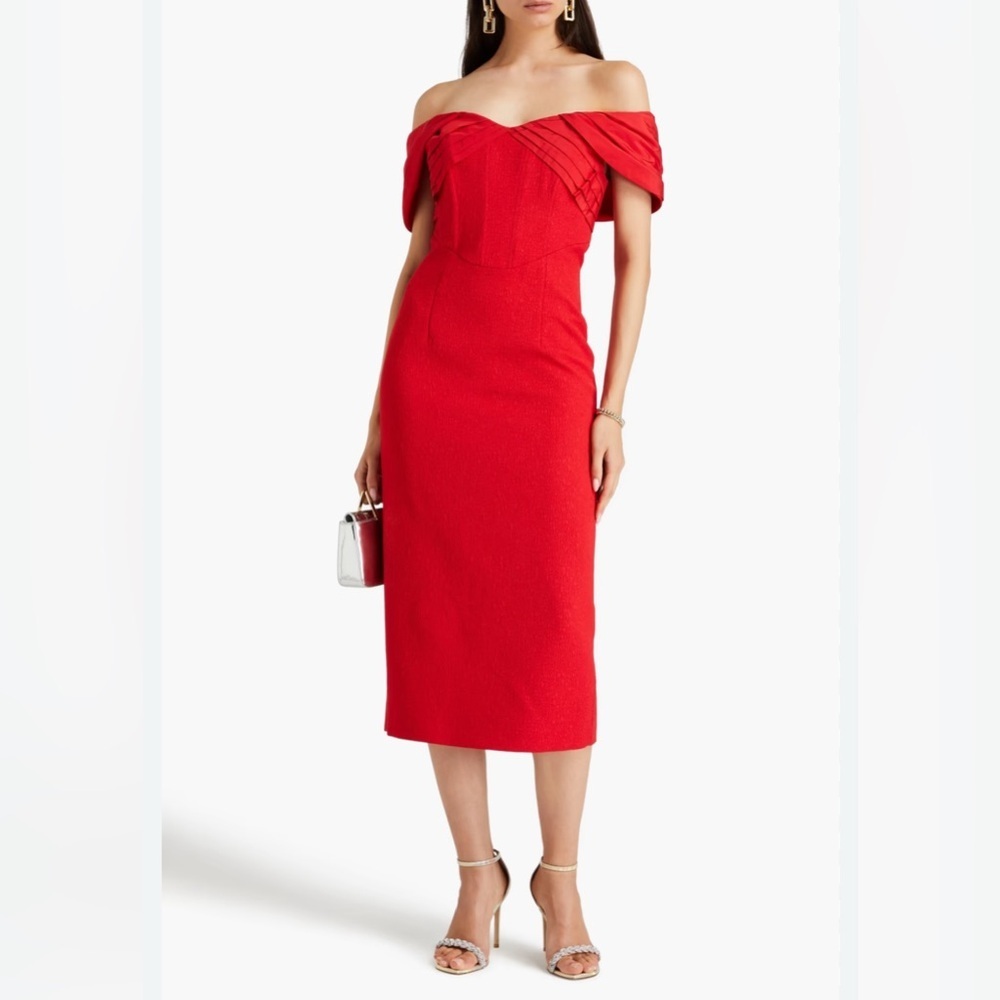 Rebecca Vallance Chiara Off-The-Shoulder Cloqu And Taffeta Midi Dress 8